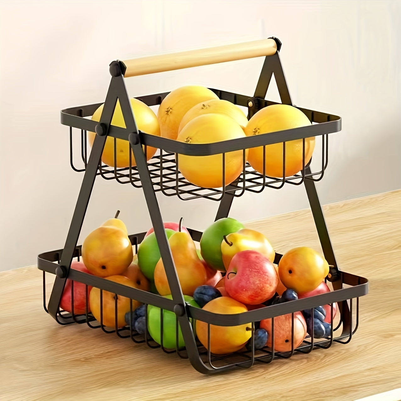 MetroBasket | Modern Metal Fruit & Vegetable Basket with Wooden Handle