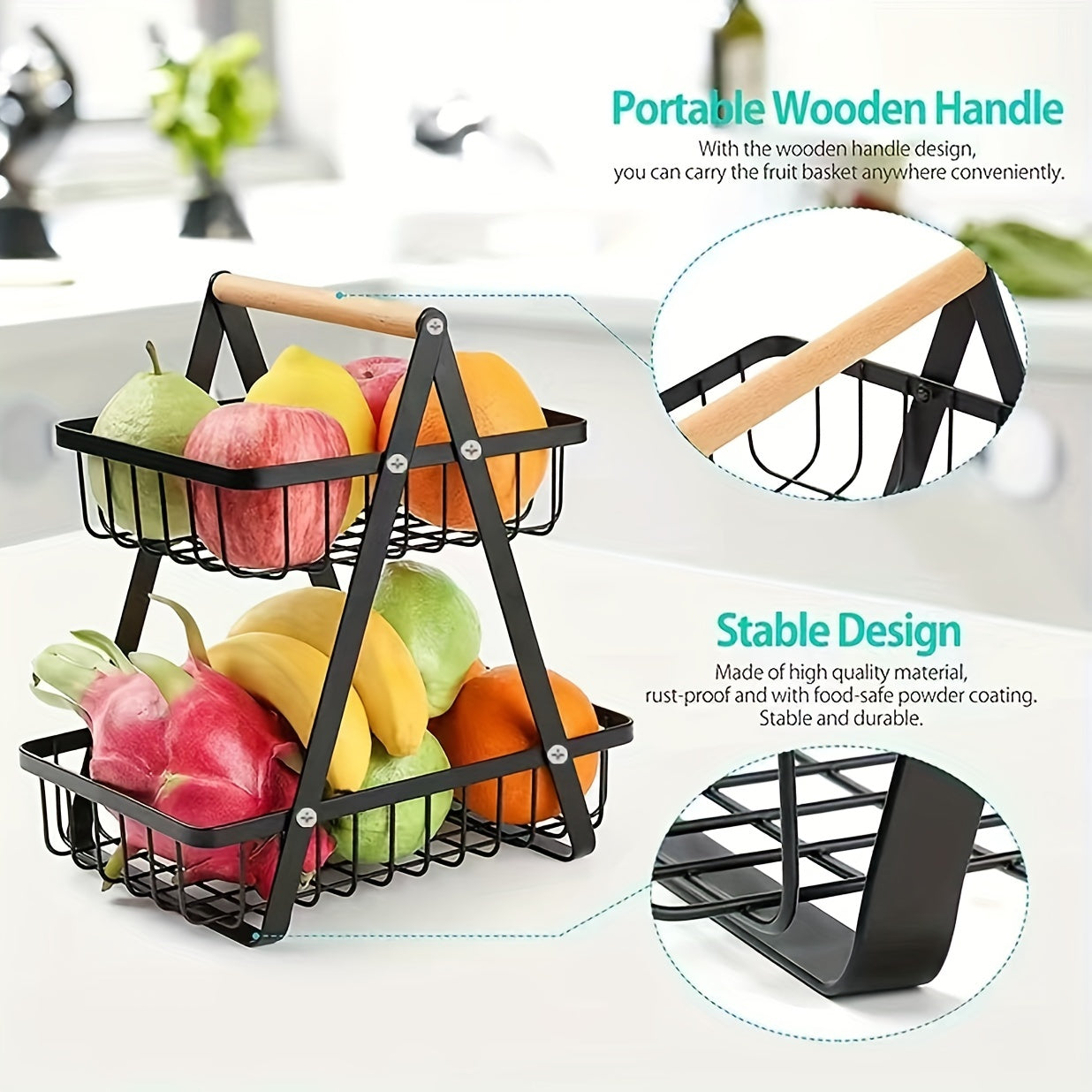 MetroBasket | Modern Metal Fruit & Vegetable Basket with Wooden Handle